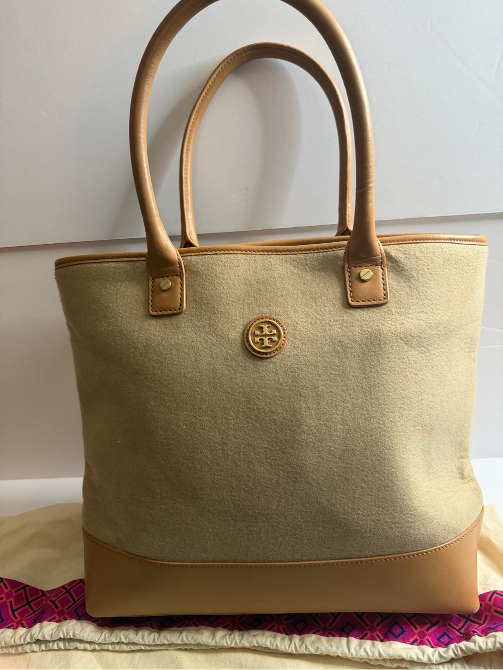 Tory Burch Beige Canvas and Tan Leather Tote with Gold Logo